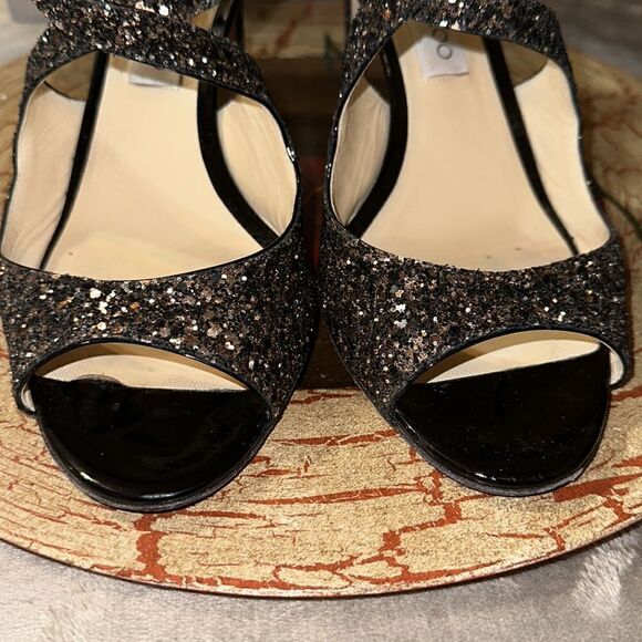 Jimmy Choo 11/41 Emily 85 Bronze Mix Midnight Coarse Glitter Heels Sandals - Picture 8 of 17